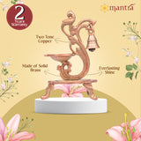 MANTRA Mukti Pooja Bell and Oil Lamp with Stand & Parrot Design| Pure Brass Made Pooja Samagri (Dual Tone – Brass & Copper Finish) for Pooja Room, Gifting (8.4” Height)