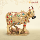 MANTRA DIVIT Andhra Gomatha Cow With Calf Vastu Statue (24k Gold Plated Special Finish) | Pure brass Made Gomatha Idol, Gomatha Statue For Home Decoration, Pooja Room, Gifting (11.6” Height)