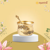 MANTRA MUKTI Panchapatra Set for Pooja | Brass Made Pancha Patram and Spoon (Udharini) for Puja (Gold Coated with 1-Year Warranty for Plating) (2.4” Height)