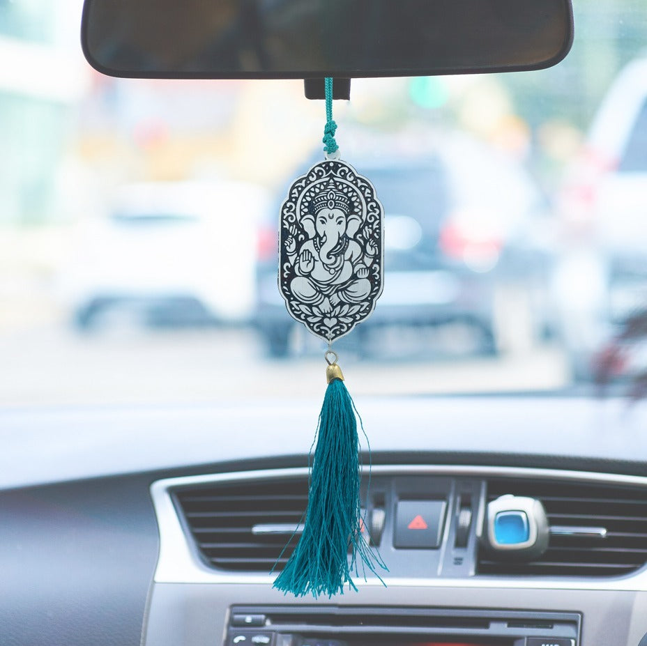 MANTRA Lord Ganesha Car Hanging | Pure Brass & Silver-Coated Ornament for Rear View Mirror | Spiritual Car Décor & New Car Puja Accessory (2.5”)